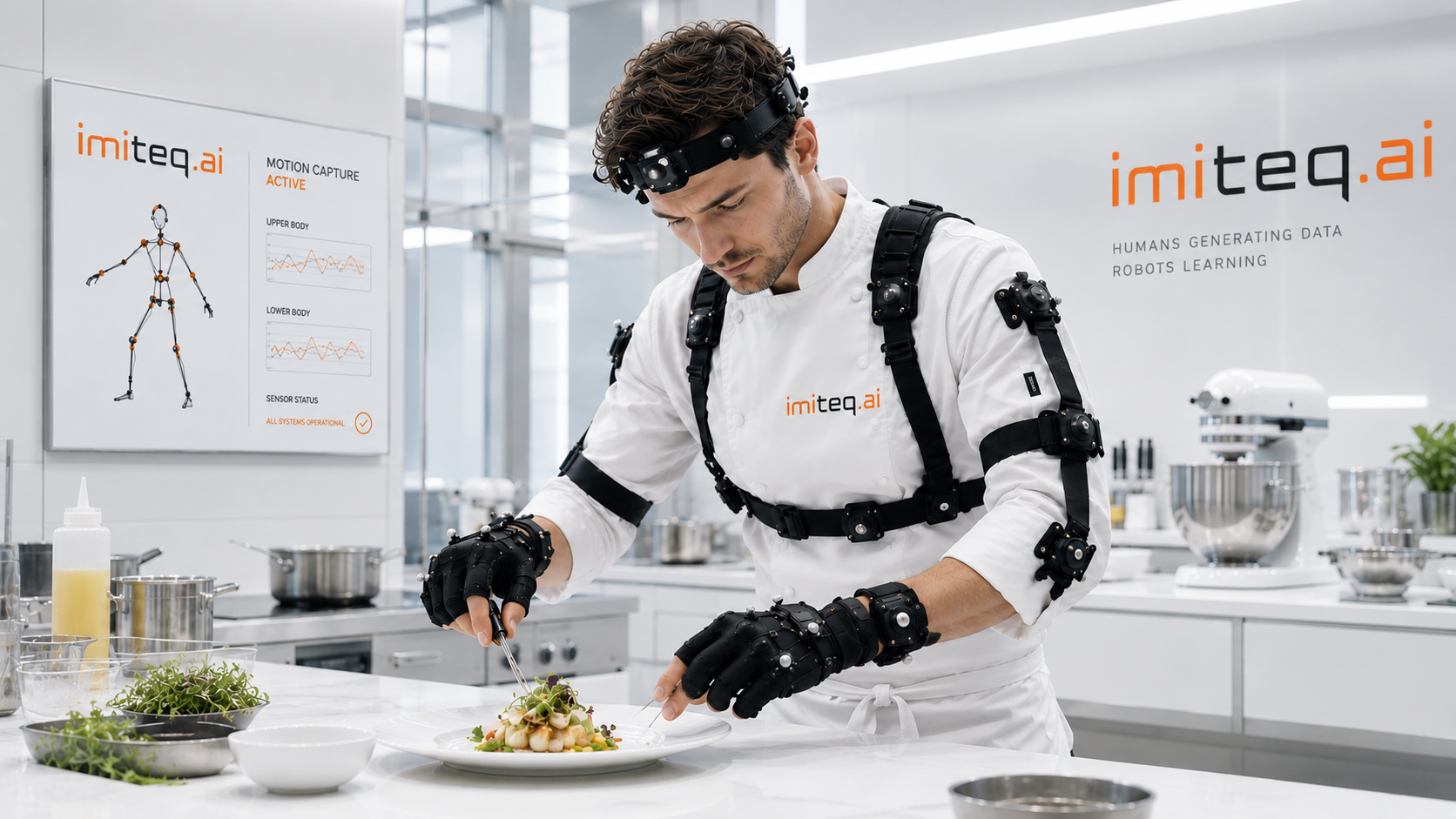 A chef wearing imiteq's motion capture vest and gloves preparing a dish