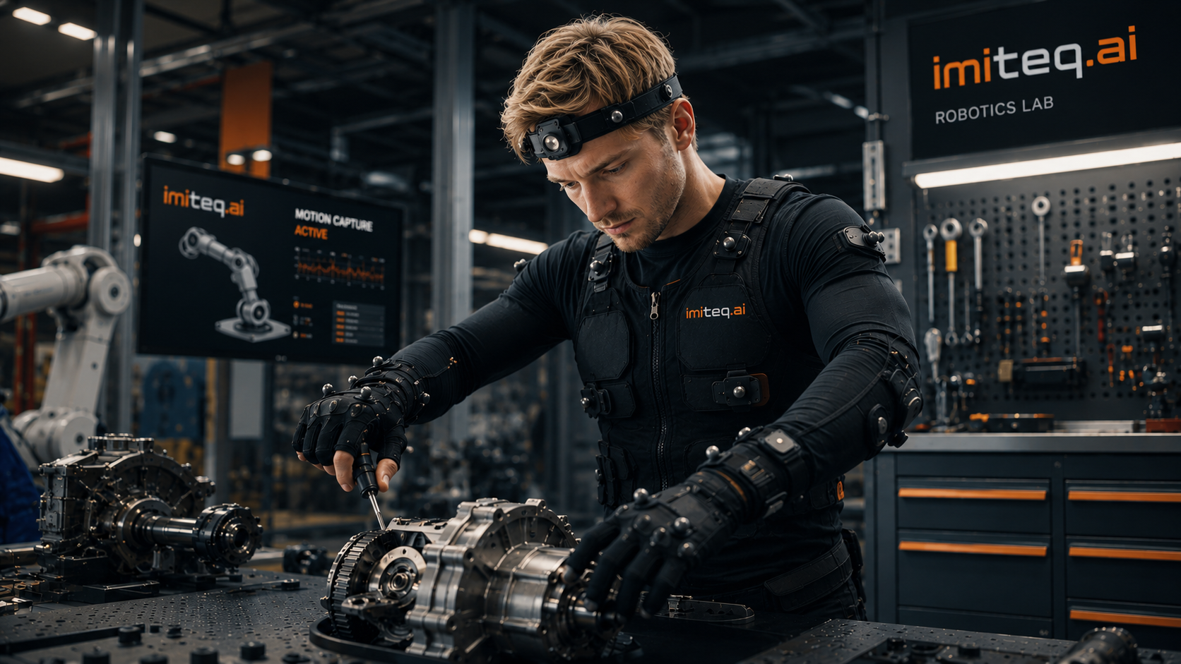 A technician wearing motion capture gear while assembling a mechanical component